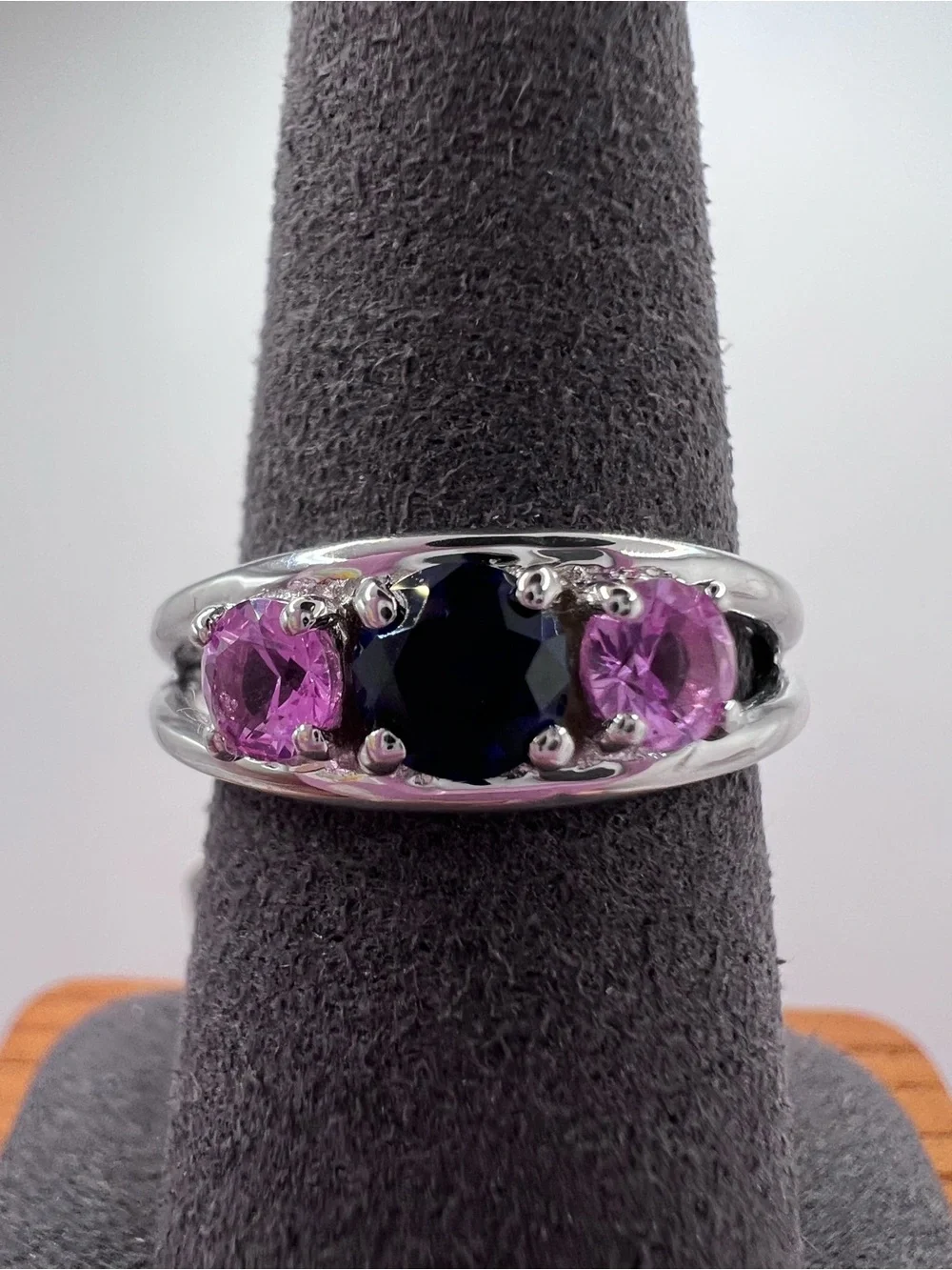 .925 Sterling Silver Three-Stone Blue and Pink Lab Created Sapphire Ring - Sz 8